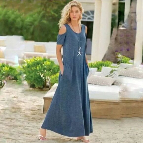 Soft Surroundings Electra Blue Knit Cold Shoulder Maxi Dress Size Small Petite - Picture 1 of 9